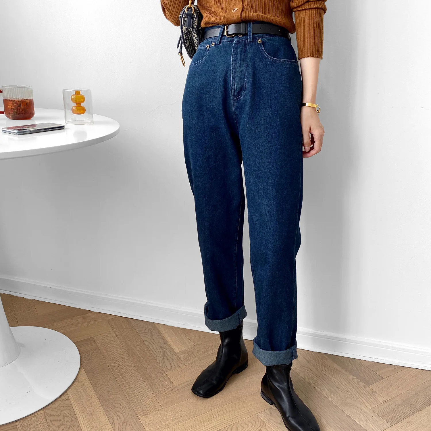 

2020 Autumn New Retro Style High Waist Jeans Woman Dark Blue Fashion Long Pants Trousers Streetwear
