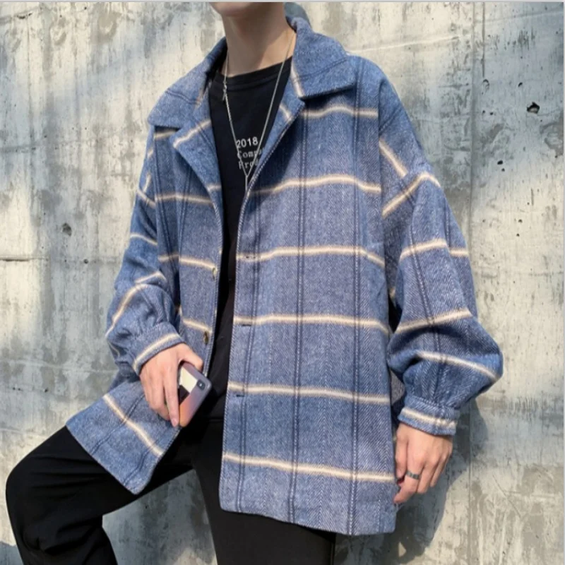 

Korean version of the hong Kong-style sub-striped tweed jacket jacket single breasted coat men's woollen coat trend