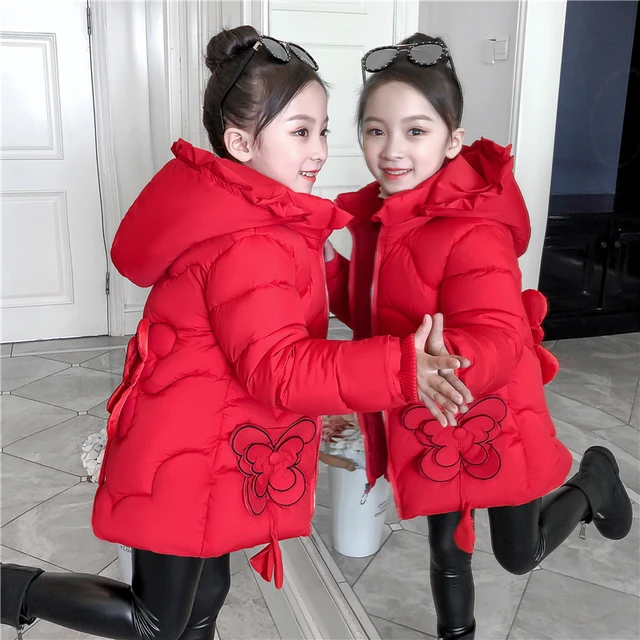 새로운 여자 긴 자 켓 Outwear 어린이 코 튼 패딩 자 켓 여자 겨울 아래로 옷 따뜻한 코트 모피 후드 Snowsuit 아이들을위한