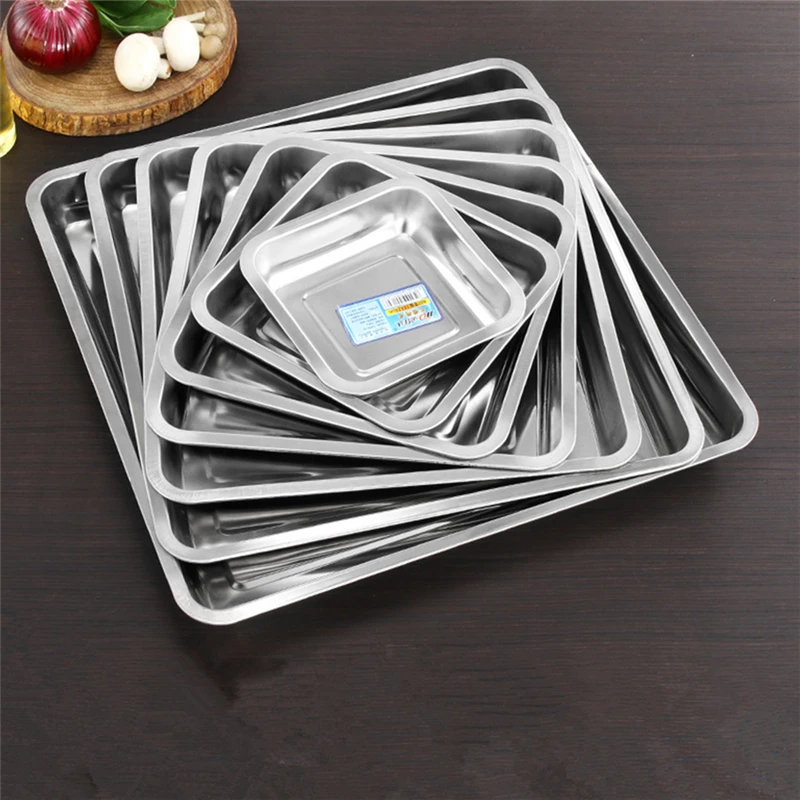 Square Stainless Steel Food Fruit Storage Tray Cake Barbecue Pastry Steamed Sausage Shallow Pans Plate Dish Kitchen Accessories