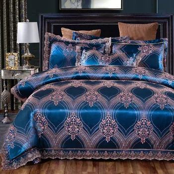 

Satin Lace edge Duvet cover set Bedding 1pc Quilt Cover 1pc Bed sheet 2Pcs pillow shams European Luxury Queen King Size 4Pieces