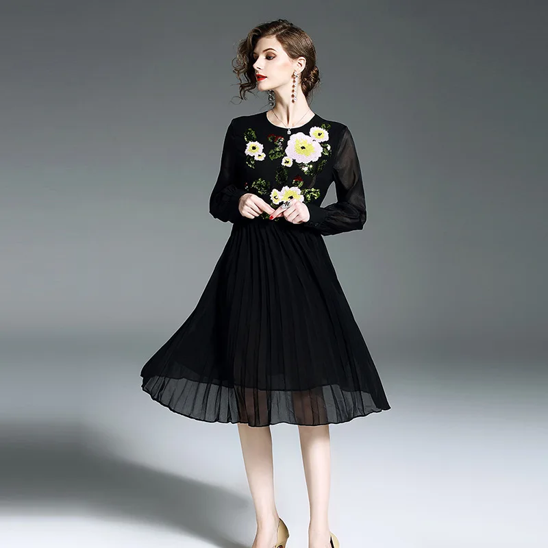 

2019 Autumn Clothing New Style Europe And America High-End Korean Silk Colored Sequins Spell Georgette Pleat And Waisted Dress F