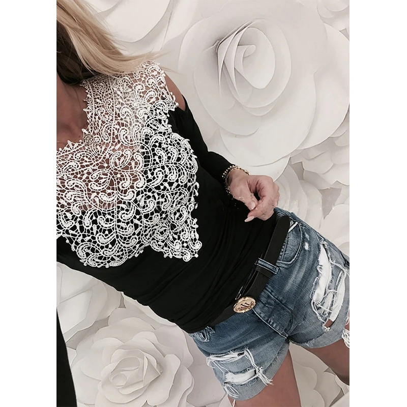 Sweet Lace T-Shirt Women Off The Shoulder Pink Slim Fit Tees Ladies O-Neck Autumn Casual Elegant Tops T-Shirts Women Clothes - Цвет: Многоцветный