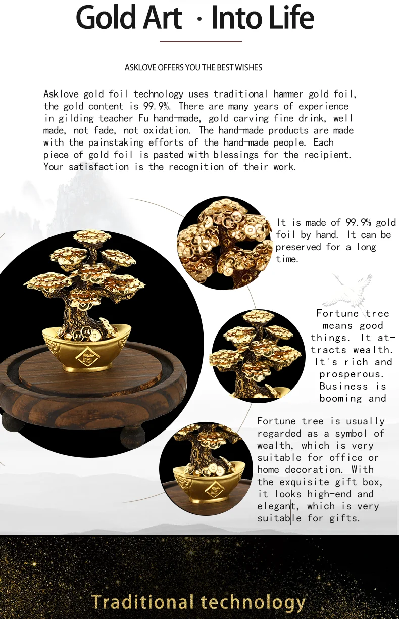 Feng Shui Fortune tree Gold Foil Money Tree Bonsai Office Tabletop Lucky Wealth Ornaments Gifts Home Decoration with Gifts box