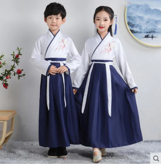 White2 Традиционный китайский древний костюм, сценический костюм Hanfu для мальчиков и девочек, костюм Танга для детей, платье для выступлений, вечерние костюмы династии Цин - Цвет: White2