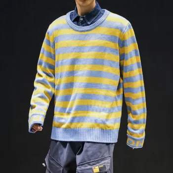 

Winter New Striped Sweater Men's Warm Fashion Contrast Color Casual O-neck Sweater Pullover Man Wild Loose Long-sleeved Sweater