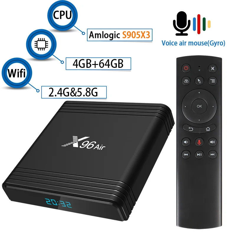 Android 9,0 ТВ коробка X96 воздуха Amlogic S905X3 set top tv BOX, Wi-Fi, Netflix Media Player ТВ коробка голосовой помощник 4 Гб 64 Гб оперативной памяти, 32 Гб встроенной памяти - Цвет: 4 64GB with G20