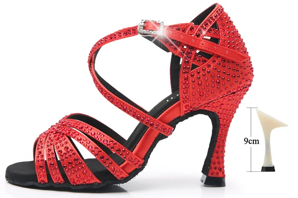 DILEECHI/женские вечерние туфли для танцев; Атласная блестящая обувь со стразами на мягкой подошве для латиноамериканских танцев; женская танцевальная обувь для сальсы; Красный Каблук 9 см - Цвет: red as picture 9cm