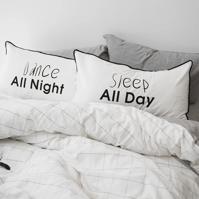 

2Pcs Pom Pillow Cover Bedding For Couple Black White Printed 100% Cotton Pillow Case Bedroom Sleep All Day Dance All Night
