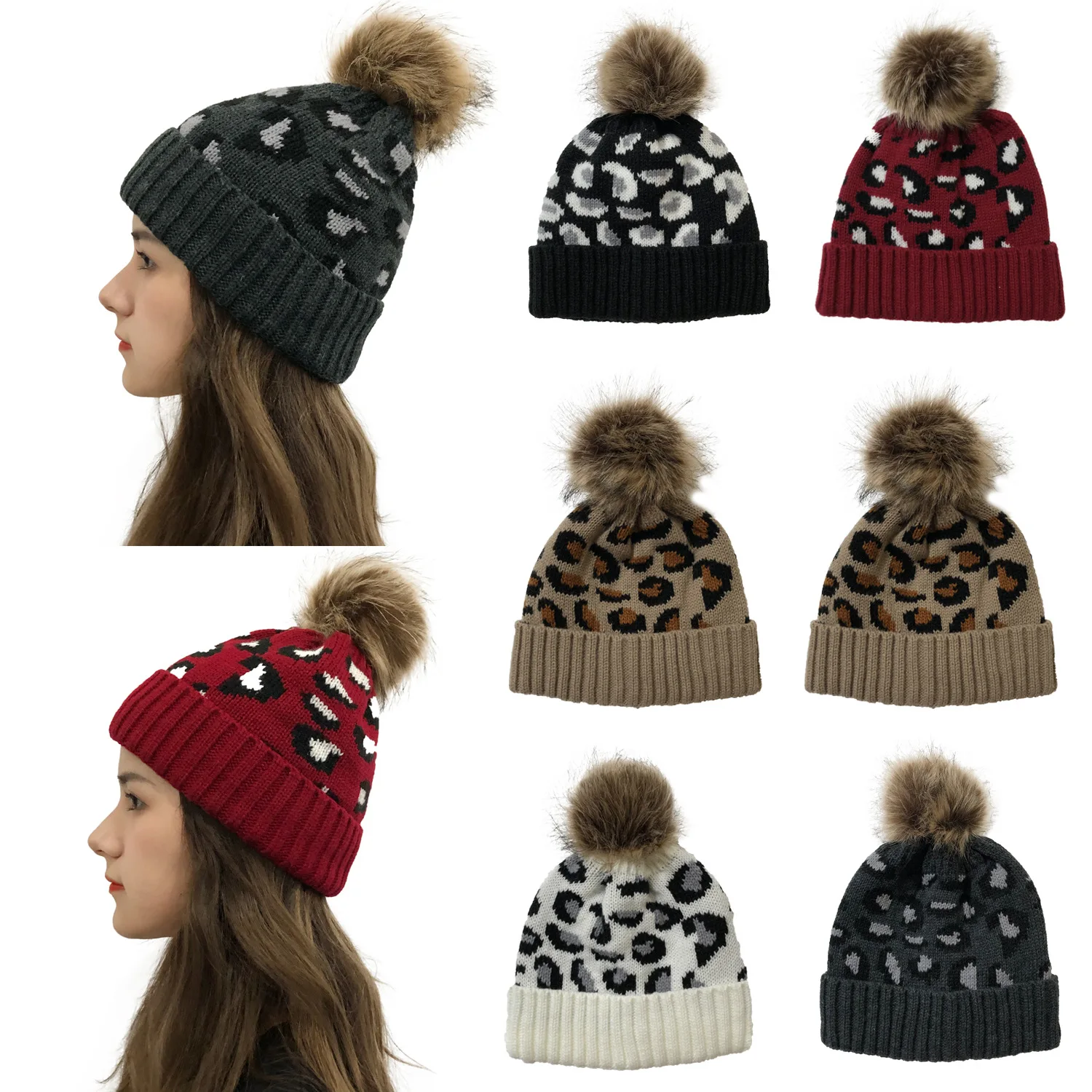 

Womens Winter Beanie Knit Hat Warm Thicken Double Layer Fleece Girls Bobble Hat with Detachable Faux Fur Pompom