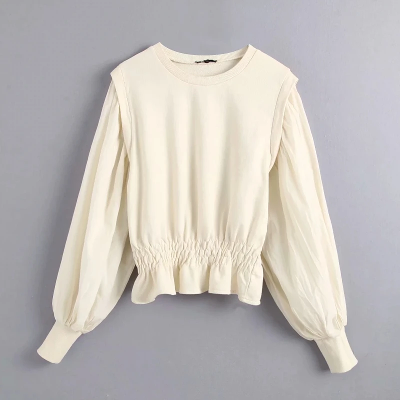 

women vintage knitted patchwork casual smock blouse shirts women retro lantern sleeve elastic waist ruffles femininas top LS4211