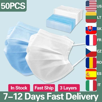 

50PCS 3 Layers Earloop Face Masks Safely Soft Breathable Mouth Mask Face Mask Non Woven Disposable Adult Breathable Filter Masks
