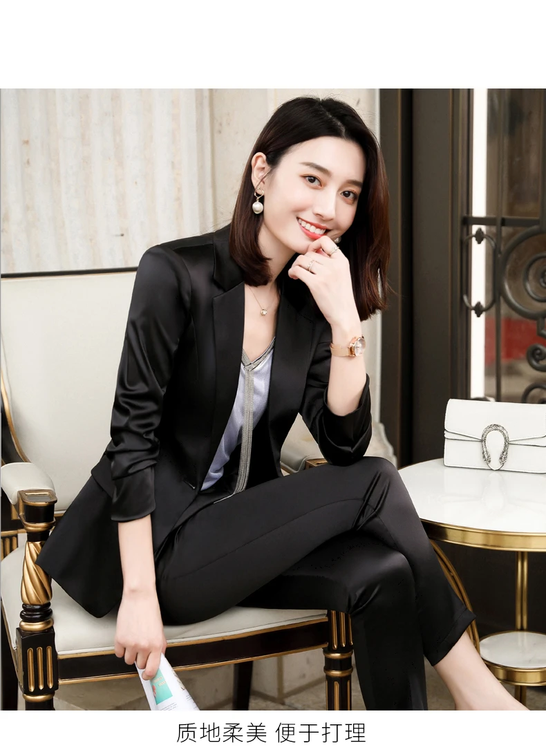 Blue Pants Suit Women 2020 New Top High Quality Satin Long Sleeve Blazer and Trousers Office Ladies Business Work Wear