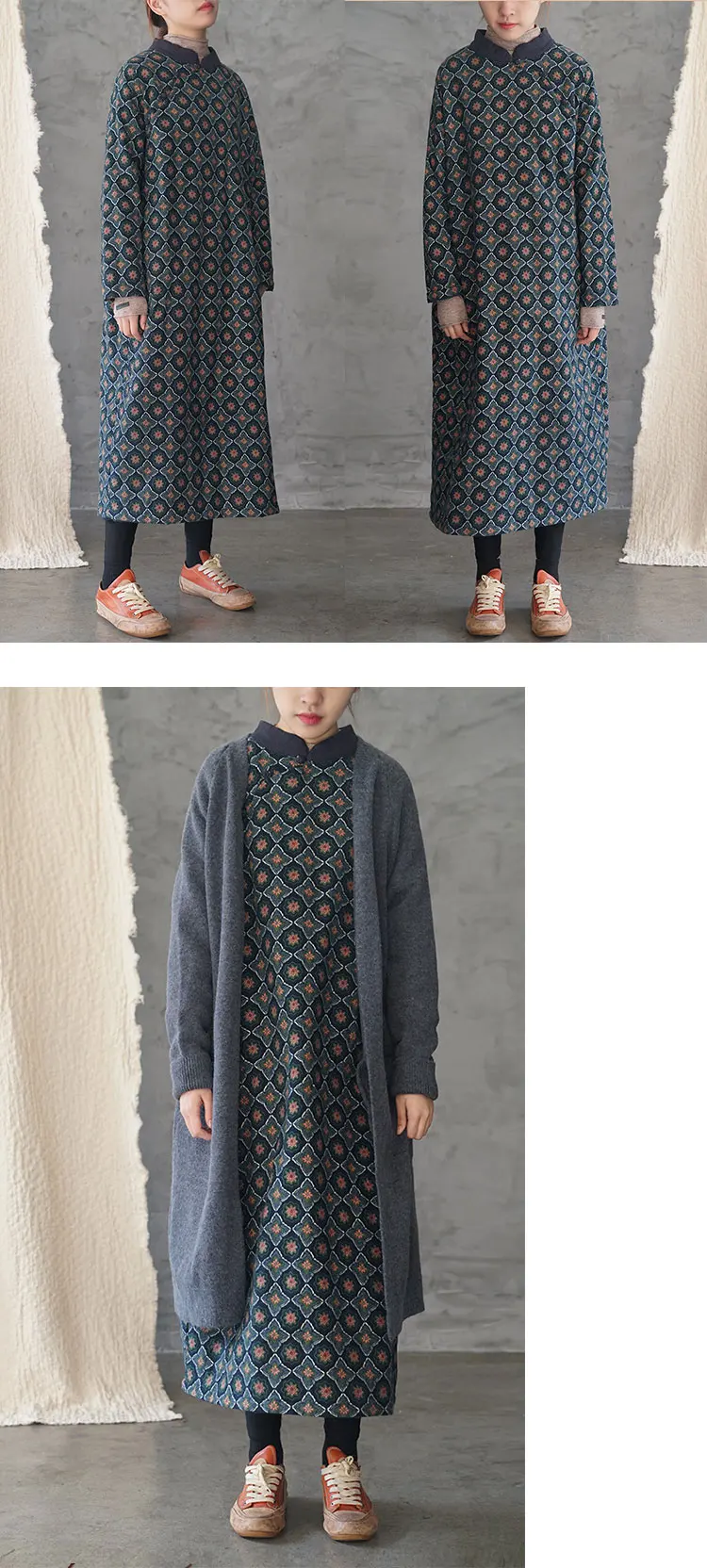 SCUWLINEN Winter Women Dress Vintage Print Thick Long-sleeve Loose Cotton Dress P185