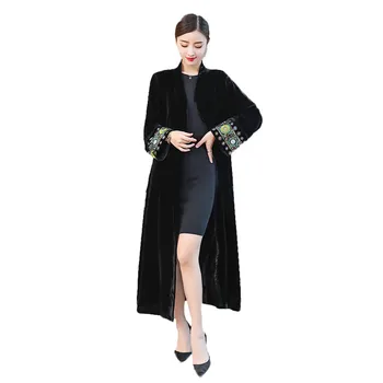 

2020 elegant Embroidered Cardigan Large Size Windbreaker Overcoat Women Spring Autumn black Velvet Long Trench Coats
