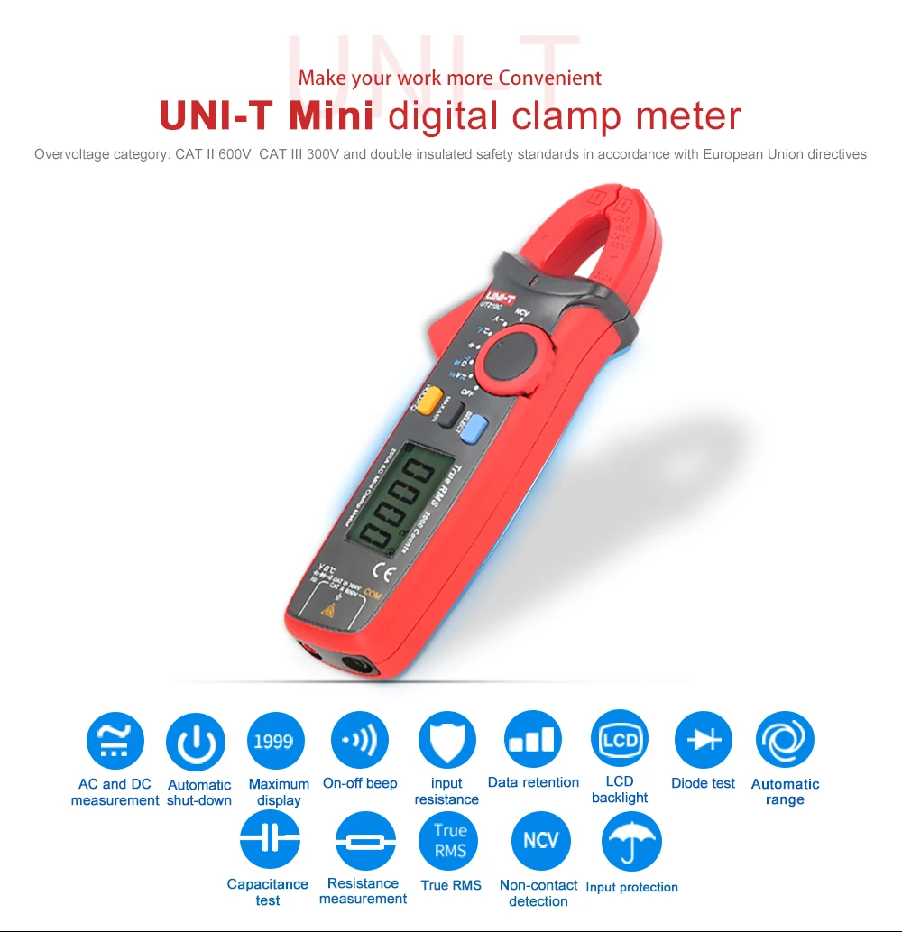 Uni-t цифровой клещи NCV без касания дальномер мини портативный мультиметр ток/напряжение UT210C клещи