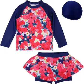 

DishyKooker 3Pcs/set Kid Girl Split Swimwear Surfing Tops + Pants + Hat Floral Long Sleeve Swimsuit Beachwear