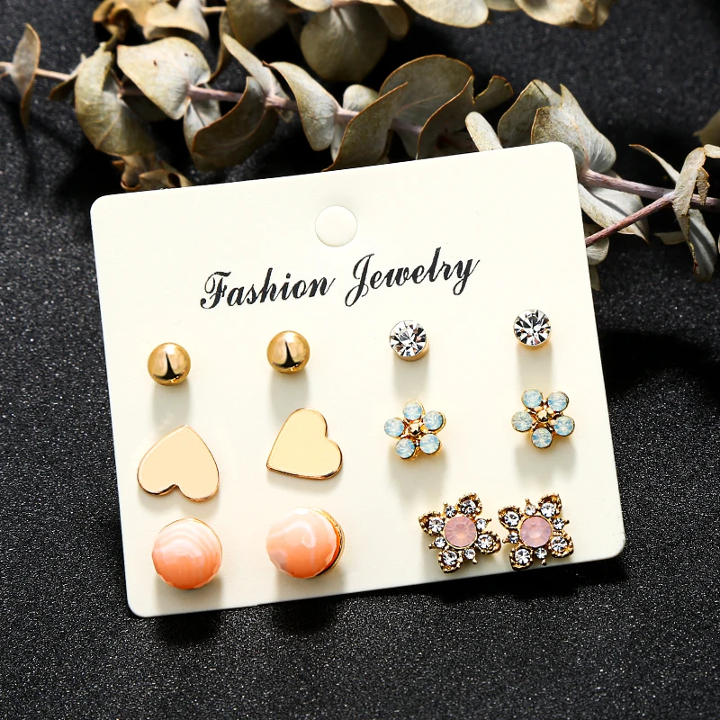 New Cute Gold Color Arrow Heart Shape Stud Earrings Set For Women Crystal Metal Alloy Earring Jewelry Bijioux | Украшения и