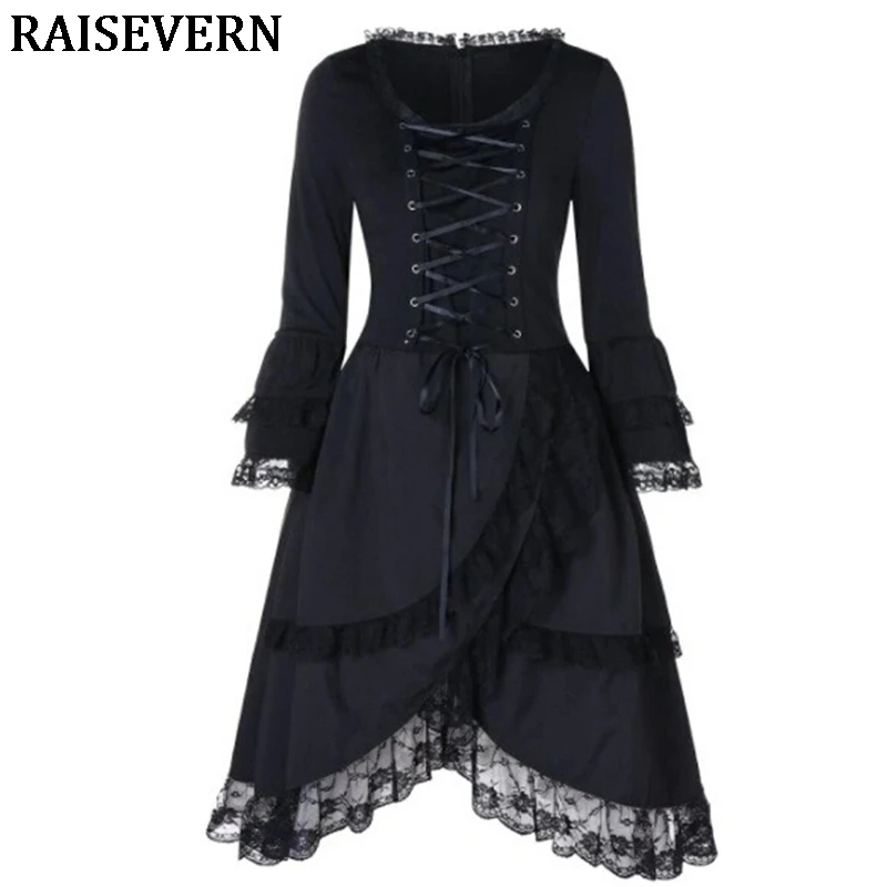 

Womens Vintage Victorian Halloween Costume Gothic Witch Fancy Dress Mesh Lace Party Punk Robe Plus Size