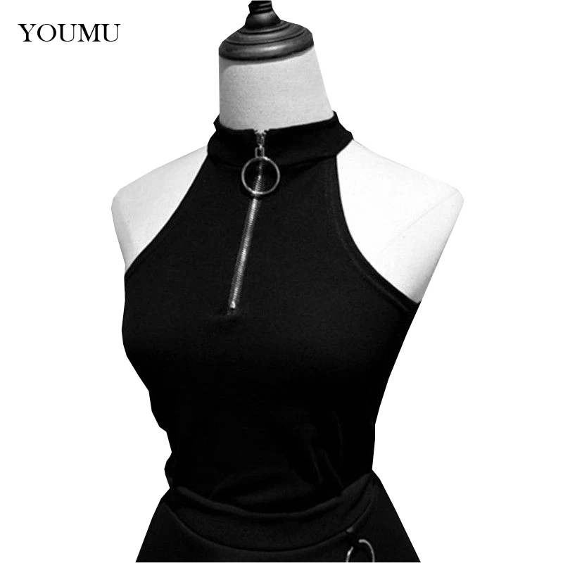 Zipper High Collar Women Tank Top Turtleneck Sleeveless Slim Female