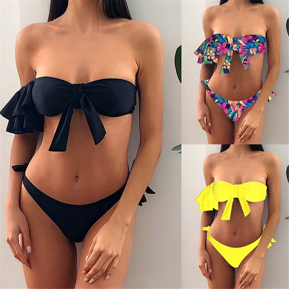 

Ruffled Short Sleeve Wrapped Two-piece Bikini Sets Sexy Tie Solid Swimwear Bandeau Lace-up Print Swimsuit Women Bathing Suits