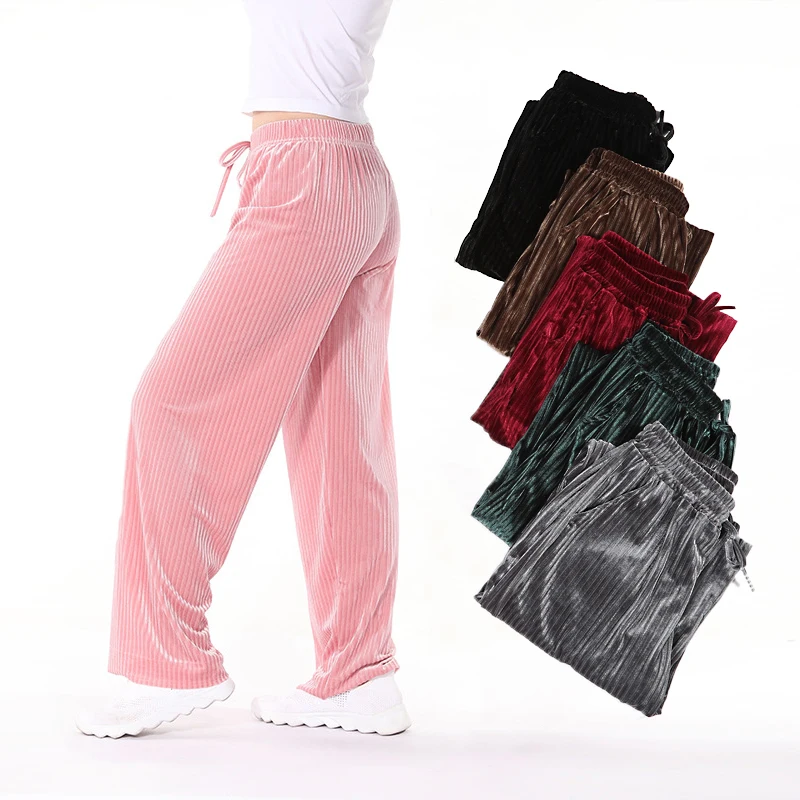 

Fashion wide Leg Pants Women Corduroy Straight Trousers Spring Autumn New Casual Loose Elastic High Waist Striped Solid Pants