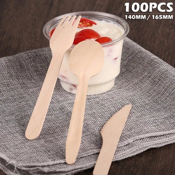 

100pcs/pack Bamboo Wooden Cutlery Biodegradable Knives Forks Spoons Disposable Dinnerware Set Kitchen Dining Bar Tableware