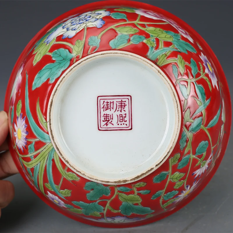 Kangxi Császári Kézzel Festett Vörös Zománc Virág Tál A Qing -Dinasztia Antik Porcelán Gyűjteményből