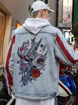 

Men's Hip Hop Jeans Coat Dragon Embroidery Cotton Denim Jackets Loose Blue Jacket Men Autumn Winter Clothing Male Outerwear