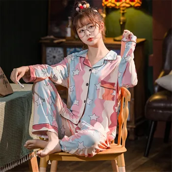 

Pajama Sets Women Long Sleeve Autumn 2XL Printed Elegant Thin Trendy Korean Style Homewear Pockets Womens Pyjamas New