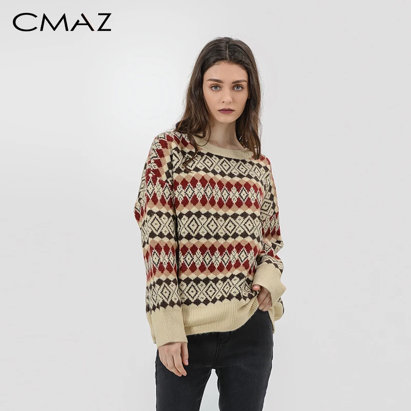 

CMAZ Autumn winter vintage sweater women causal Christmas style around neck long sleeve knitting sweater MX18D5406