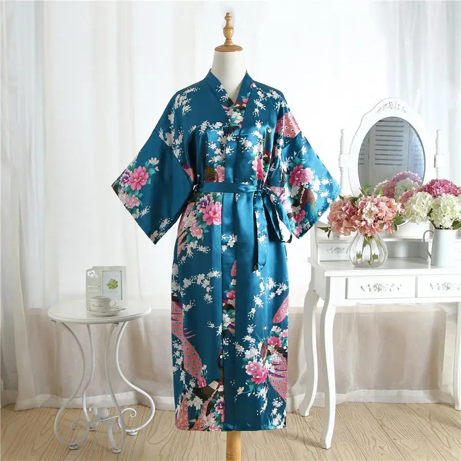 Изысканный принт Павлин, цветок женский свадебный халат кимоно платье повседневное Половина рукава банное платье пижамы летняя длинная домашняя одежда - Цвет: Dark Green