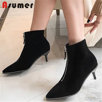 

ASUMER Plus size 34-43 Hot 2020 New fashion cow suede leather ankle boots zipper stiletto high heels women's boots ladies shoes