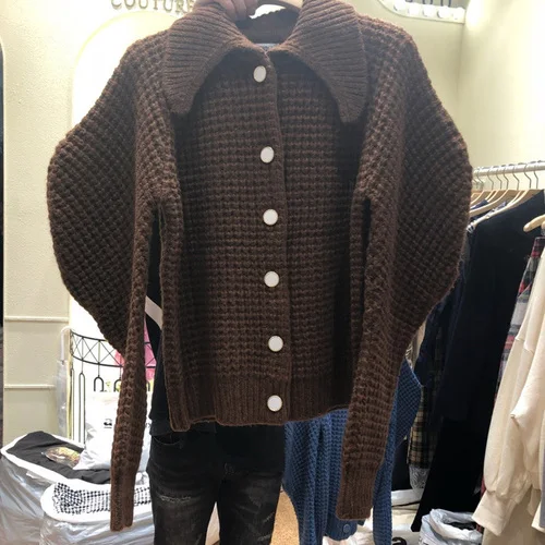 brown New Autumn and Winter Women Pink Lapel Bubble Sleeve Cardigan Sweater Lazy Wind Thicken Knitted Coat Female Students Knitwear - Color: brown