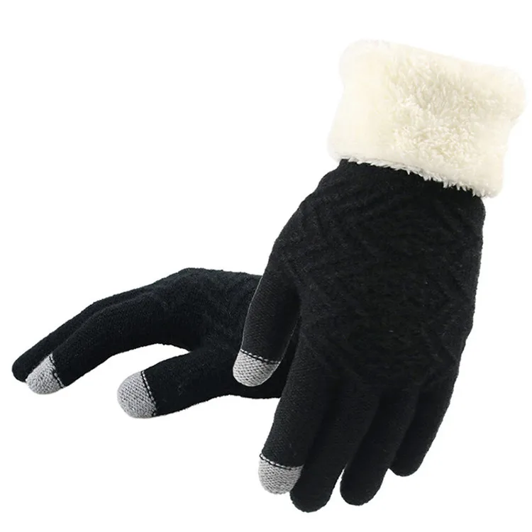 Повседневные женские перчатки, зимние, полиэфирные, геометрические, вязаные, одноцветные, плюс бархат, толстые, полный палец, перчатки для женщин, сенсорный экран