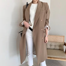 

2022new New Autumn Women Chic Notched Collar Double Breasted Long Trench Coat High Street Beige Loose Windbreaker Outwear
