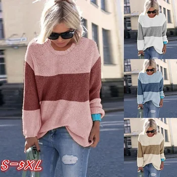 

2019 autumn and winter new women's sweater stitching knitted sweater winter sweater women women sweater o-neck pullovers