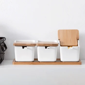

Ceramic Spice Jar Set with Wood Tray Black Pepper Sesame Salt Seasoning Can Box Kitchen Storage Tank Container with Spoon Cover