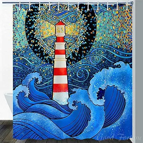 

Nautical Lighthouse Japanese Big Waves Rainbow Neon Geometric Squares Colorful Art Abstract Shower Curtain