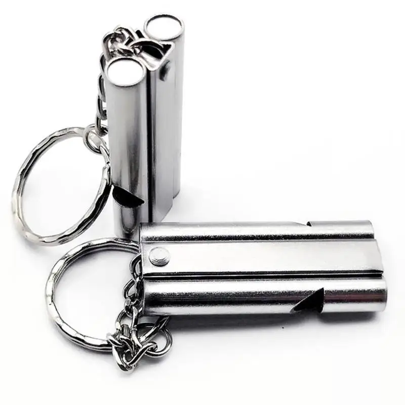 Double Pipe High Decibel Stainless Steel Outdoor Emergency Survival Cheerleading Whistle Keychain Multifunction Tool