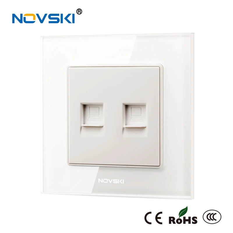 NOVSKI двойной Rj45 Cat 6 10 Гбит/с интернет-разъем для передачи данных разъем Ethernet Кристалл Закаленное стекло панель компьютерная розетка 86*86 мм - Тип: Ceramic White