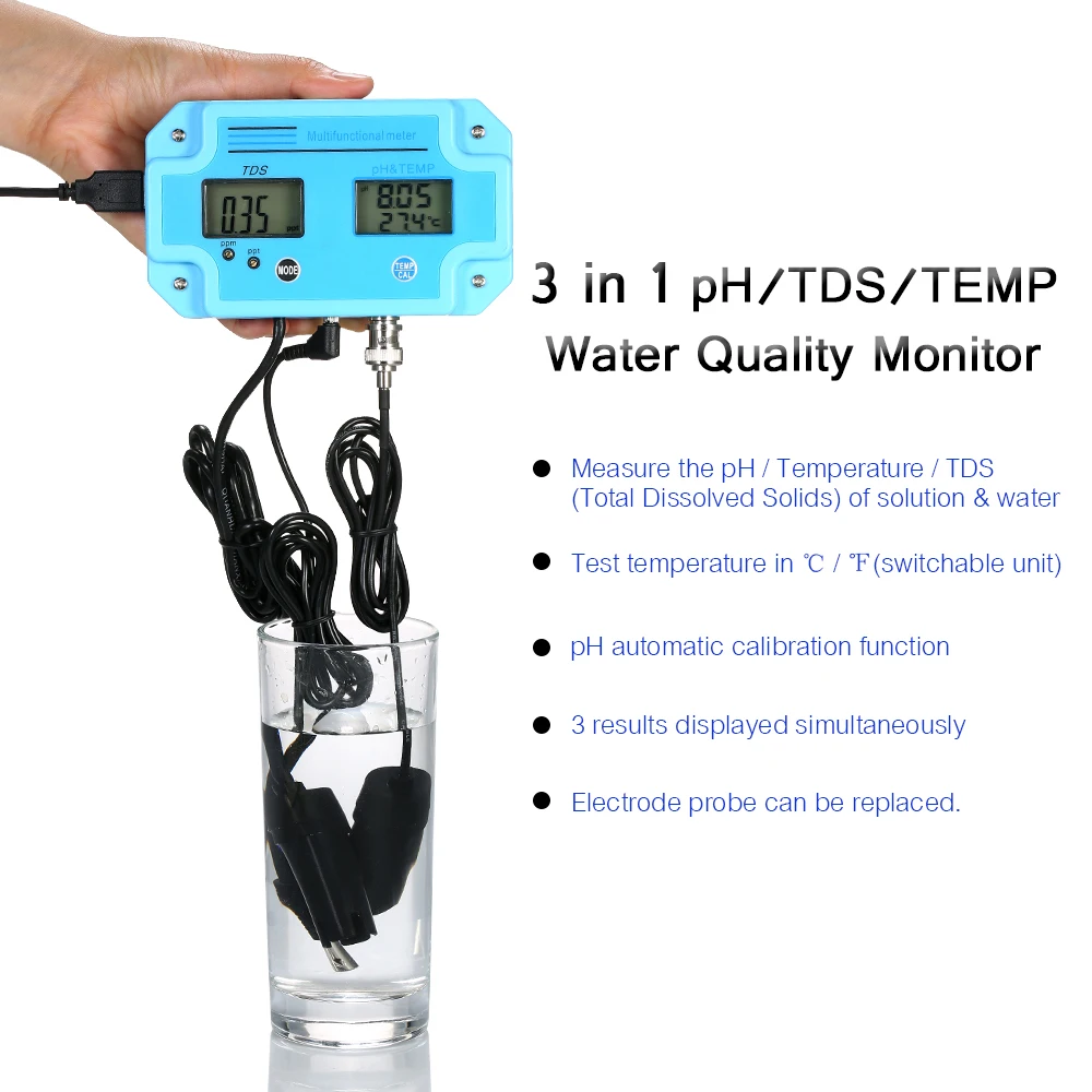 

3 in 1 Professional PH/TDS/TEMP Testing Meter Water Quality Tester Monitor Multi Parameter Digital LCD Water Detector