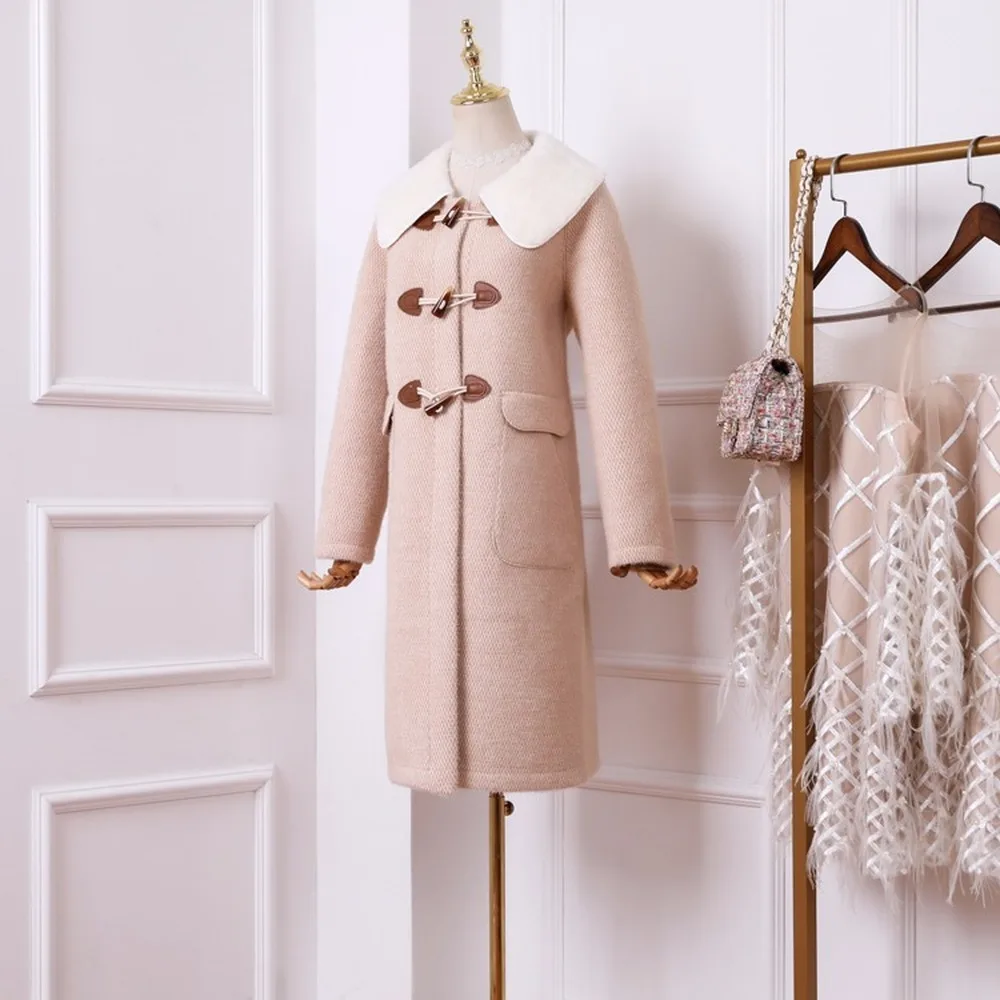 Шерстяное пальто с роговыми пуговицами, женское длинное пальто из искусственной норки, зимнее осеннее модное пальто с отложным воротником