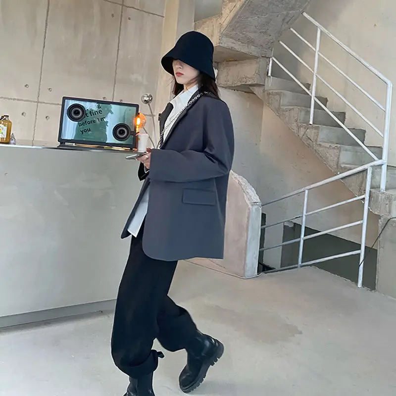Blazers Women Loose Single-button Outwear Gray Simple Pure Female Office Lady Streetwear Soft All-match Notched Tender Ins Y2K