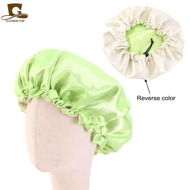 New Reversible Satin Bonnet double layer adjustable size Sleep Night Cap Head Cover Bonnet Hat for For Curly Springy Hair Black ladies head wraps Hair Accessories