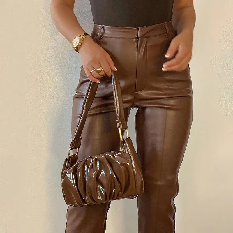 InstaHot Women Faux Leather Pant Trouser Split Flare Pants Black High Waist Skinny PU Leather Pantalones Winter 2020 Lady Capris