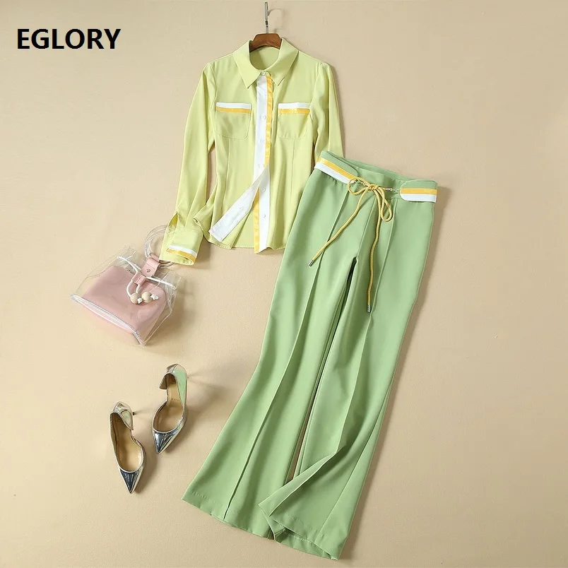

High Quality Women's Set Clothes 2019 Autumn Elegant Work Suit Ladies Striped Color Block Light Yellow Shirt+Belted Green Pants