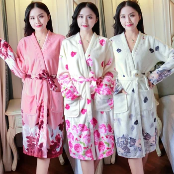 

2020 Winter Long Sleeve Kimono Thick Warm Flannel Robes Women Coral Velvet Print Sleepwear Bathrobe Homewear Night Dress Clothes