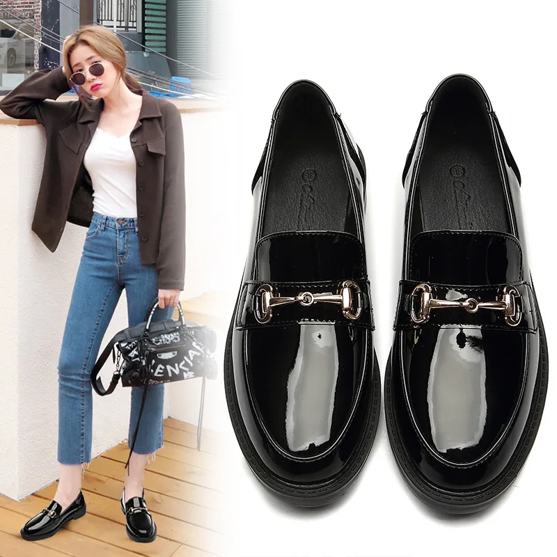 

Small Leather Shoes Women's 2019 New Style Spring, Autumn And Winter Slip-on Loafers Women's British-Style round-Toe Chunky-Heel