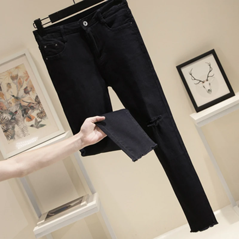 

High Waist Skinny Ripped Women's Jeans Rough Edge Ankle Length Pencil Pants With Hole Plus Size Ladies Korean Style Slim Denim
